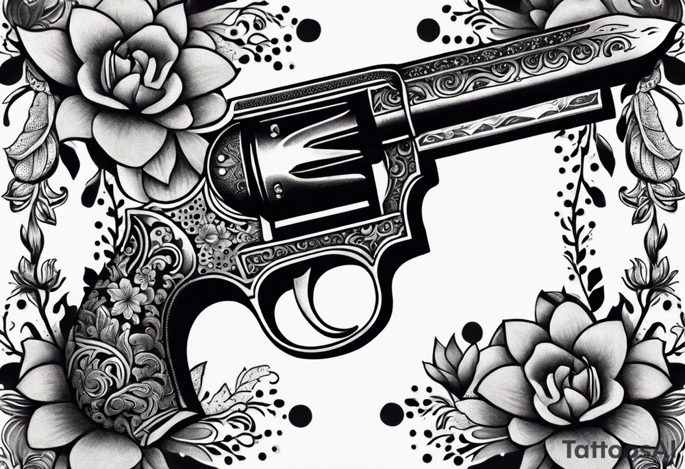 Western pistol with western filigree and floral or succulent accents for forearm sleeve tattoo idea