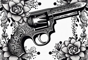 Western pistol with western filigree and floral or succulent accents for forearm sleeve tattoo idea