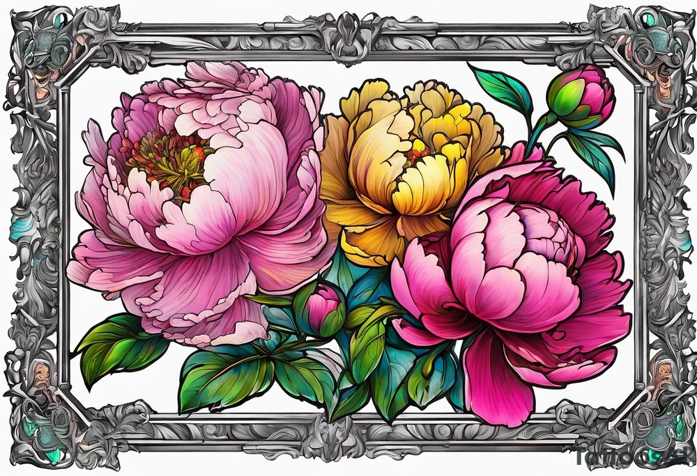 neon colorful peonies,neon colored, surrounding a beautiful intricate victorian style picture frame with filigree tattoo idea