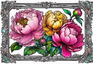neon colorful peonies,neon colored, surrounding a beautiful intricate victorian style picture frame with filigree tattoo idea