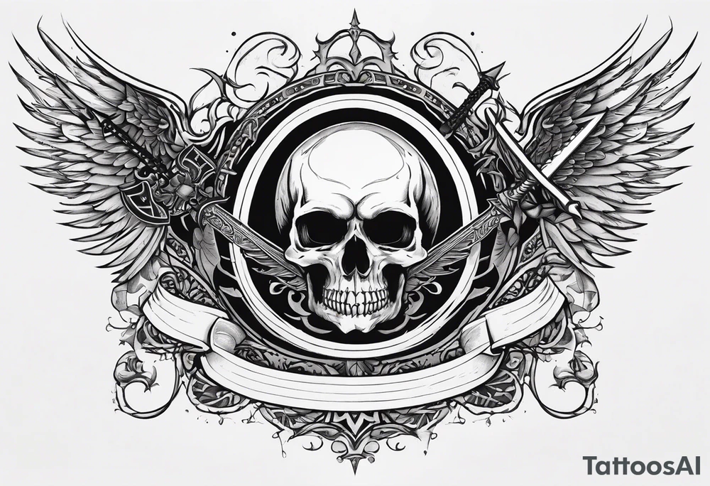 In the center is a half skull pierced by a large sword. On either side of the skull, there are spread angel wings, Beneath the skull is a ribbon with latvian symbols that weaves through both the skull and the sword tattoo idea