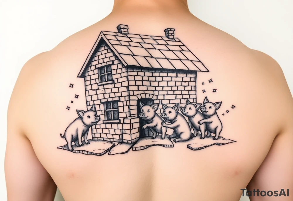 Brick house being blown off 3 little piggy's by a big bad wolf tattoo idea