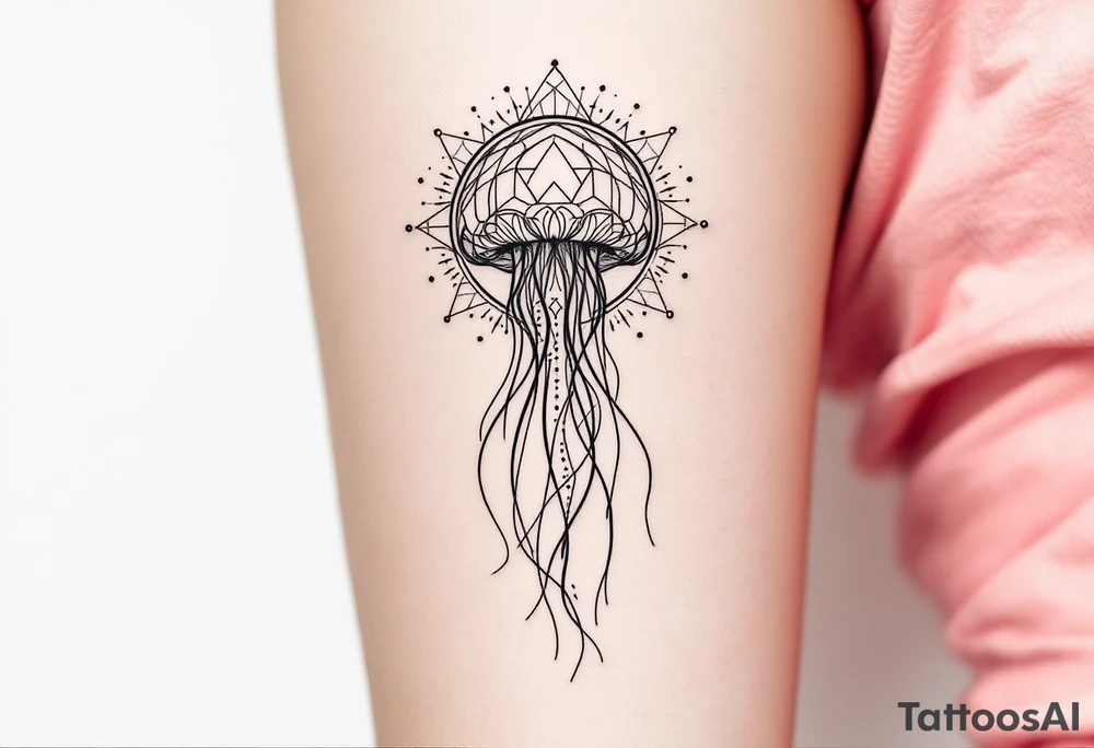 small, minimal fine-line tattoo, single jellyfish, sacred geometry surround, dotwork patterns, jellyfish bell dome, flowing tentacles, trailing streamers, geometric mandala, radiating dotwork, minimalist design, black grey lines, soft shading, no outlines, geometric frame, organic jellyfish form, upper arm shoulder placement, light airy feel, delicate linework, geometric backdrop, clean lines, radiating patterns, simple jellyfish centerpiece, minimalist, psychedelic, asymmetrical tattoo idea
