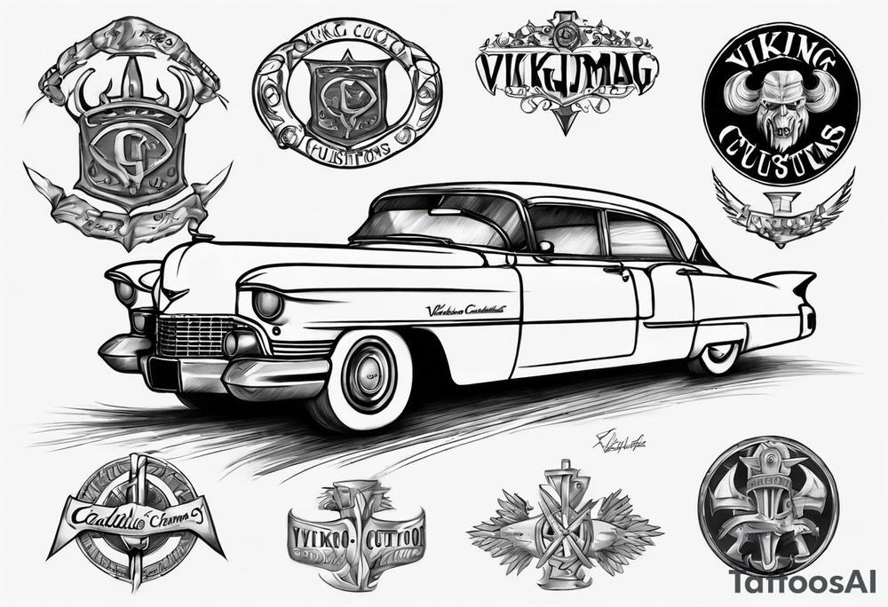 I want a tattoo of an old Cadillac car and a vaking in the back with the name “Viking Customs” incorporated in the design tattoo idea