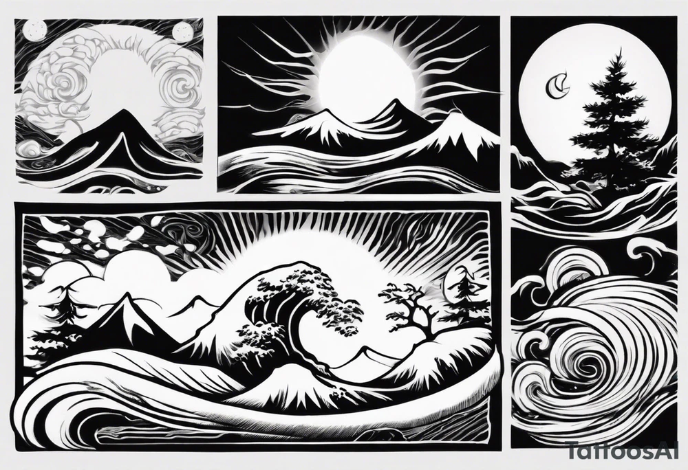 daytime yin with sun and ocean waves imagery in style of Hokusai with night time yin with moon and fir trees and mountains. edges should be blurred tattoo idea