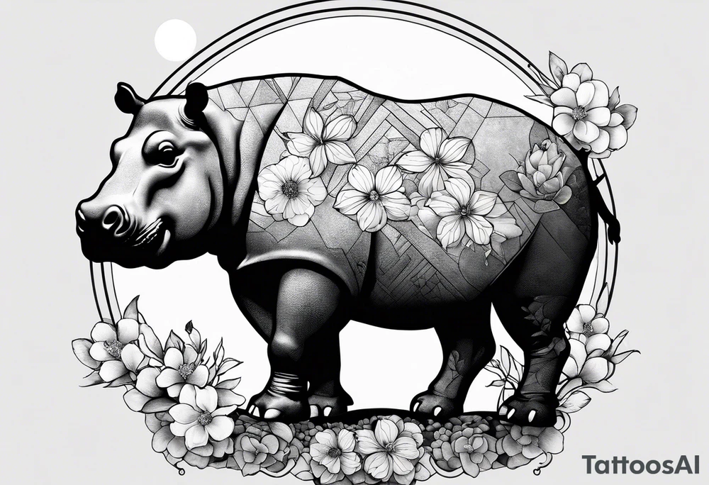 Asymmetrical, geometric, chinese ink art touch, hippo , full moon, wintersweet flower, light , modify from my favourite, ratio 9:16 tattoo idea