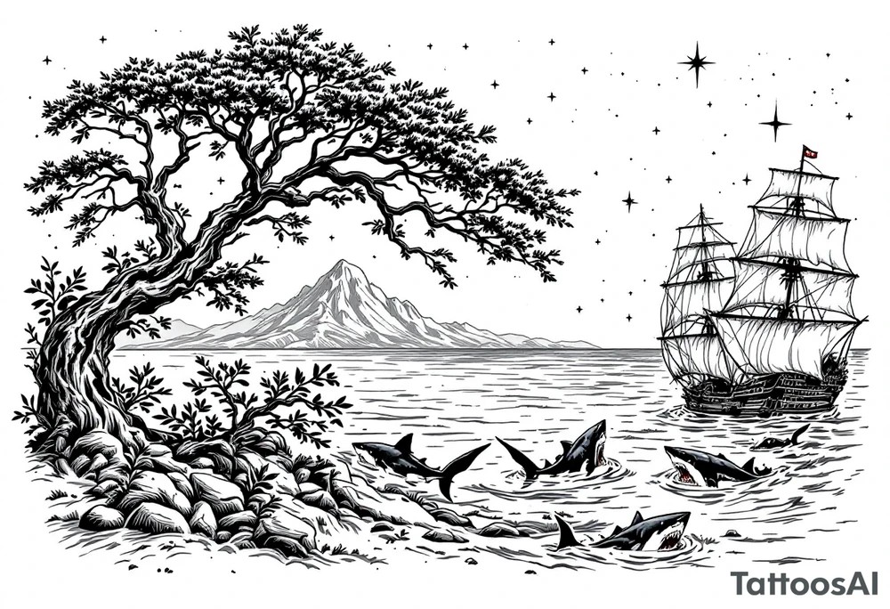tattoo that has an acacia tree with mountains, ocean with a ship wreck with sharks and the bright northern star tattoo idea