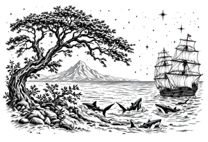 tattoo that has an acacia tree with mountains, ocean with a ship wreck with sharks and the bright northern star tattoo idea