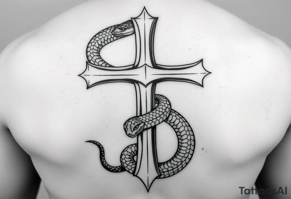 black and white drawing of a cross and a snake wrapped around it, leviathan cross, engulfed by a snake, which forms an infinity loop. The snake is depicted with intricate scales and a menacing expression, coiling tightly around the vertical shaft of the cross. The overall composition is bold and simplistic tattoo idea