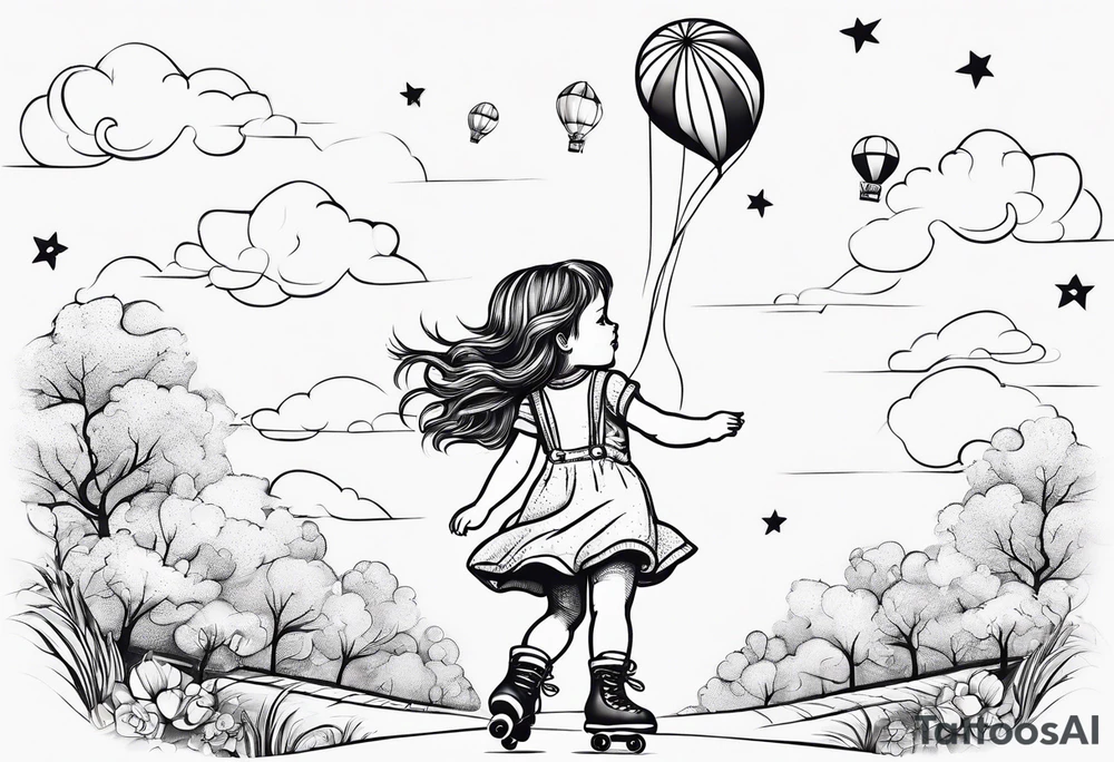 a little girl in a dress & a teddy bear in roller skates and yellow overalls, flying kites tattoo idea