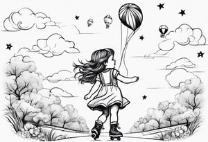 a little girl in a dress & a teddy bear in roller skates and yellow overalls, flying kites tattoo idea