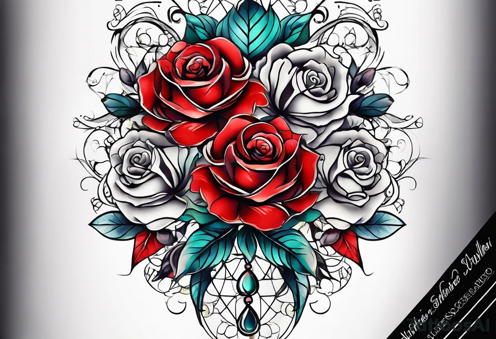 front knee tattoo with flowers & roses, swirls & water washes, background washes tattoo idea