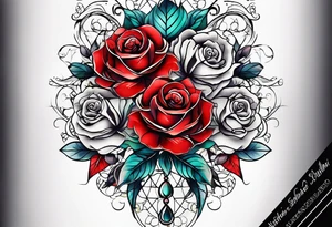 front knee tattoo with flowers & roses, swirls & water washes, background washes tattoo idea