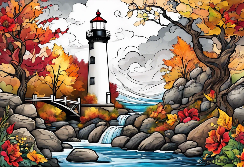 Arm sleeve with fall colors, various flowers, water flow, water splash, light house, rocks tattoo idea