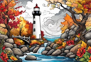 Arm sleeve with fall colors, various flowers, water flow, water splash, light house, rocks tattoo idea