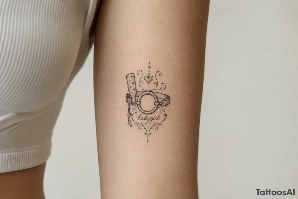 A tattoo for a submissive named babygirl, with a ring gag and a paddle. tattoo idea