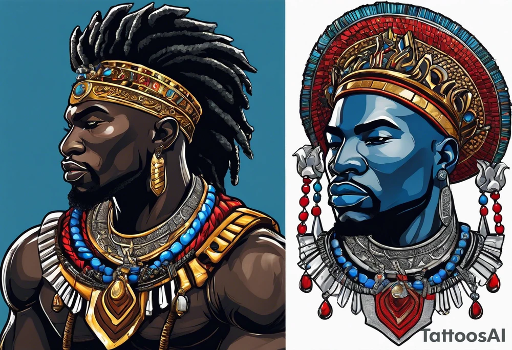 An african god, a bald black-skinned warrior, that uses a sword and a silver crown. He also uses blue and red necklaces tattoo idea