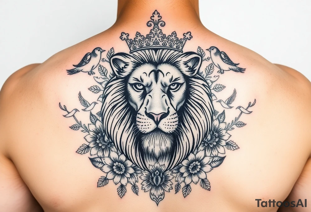 powerful majestic lion with a crown, surrounded by floral ornaments and birds tattoo idea