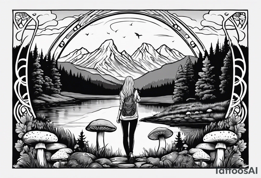 Whole picture encircled fully

Straight long blonde hair hippie girl in distance holding mushrooms in hand facing away toward mountains and creek surrounded by mushrooms long sleeve shirt and hiking pants; whole rendering within a full circle, no cut off circle tattoo idea