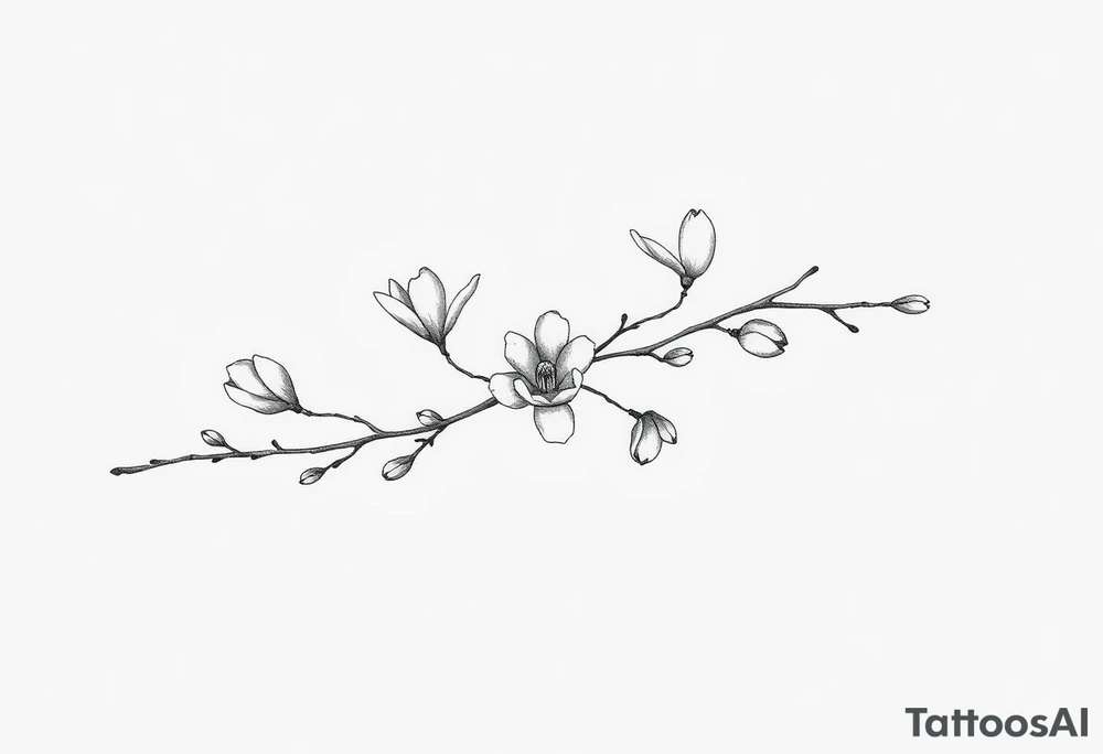 Magnolia branch long with different small half opened flowers, botanical details tattoo idea