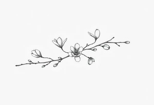 Magnolia branch long with different small half opened flowers, botanical details tattoo idea