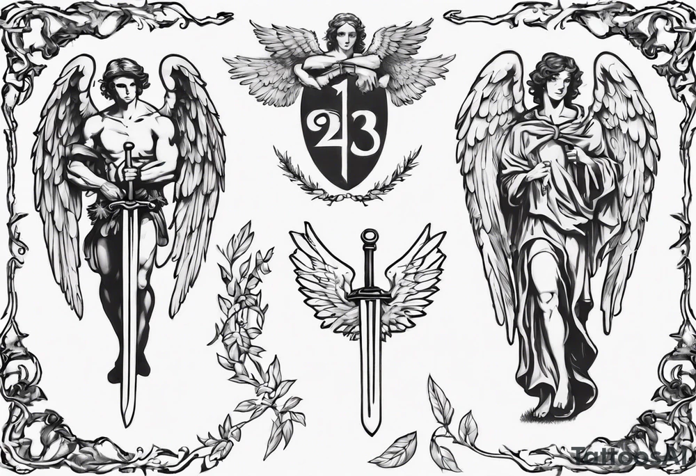 number 13, a laurel leaf wreath, and a Male angel holding sword tattoo idea