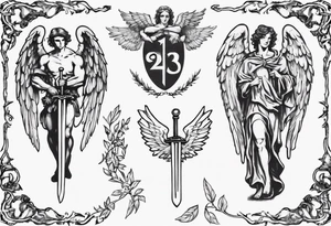 number 13, a laurel leaf wreath, and a Male angel holding sword tattoo idea