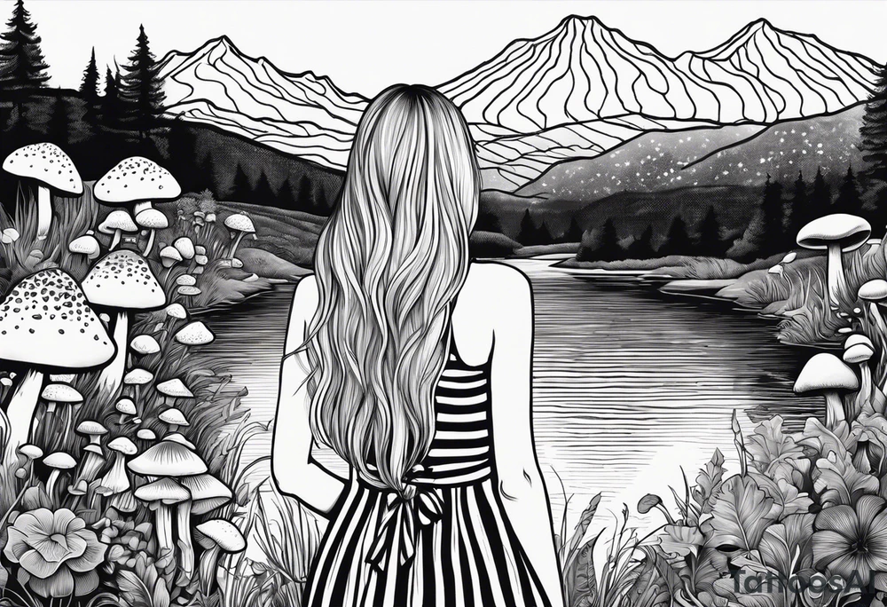 Straight long blonde hair hippie girl in distance holding mushrooms in hand facing away toward mountains and creek surrounded by mushrooms black and white striped dress tattoo idea