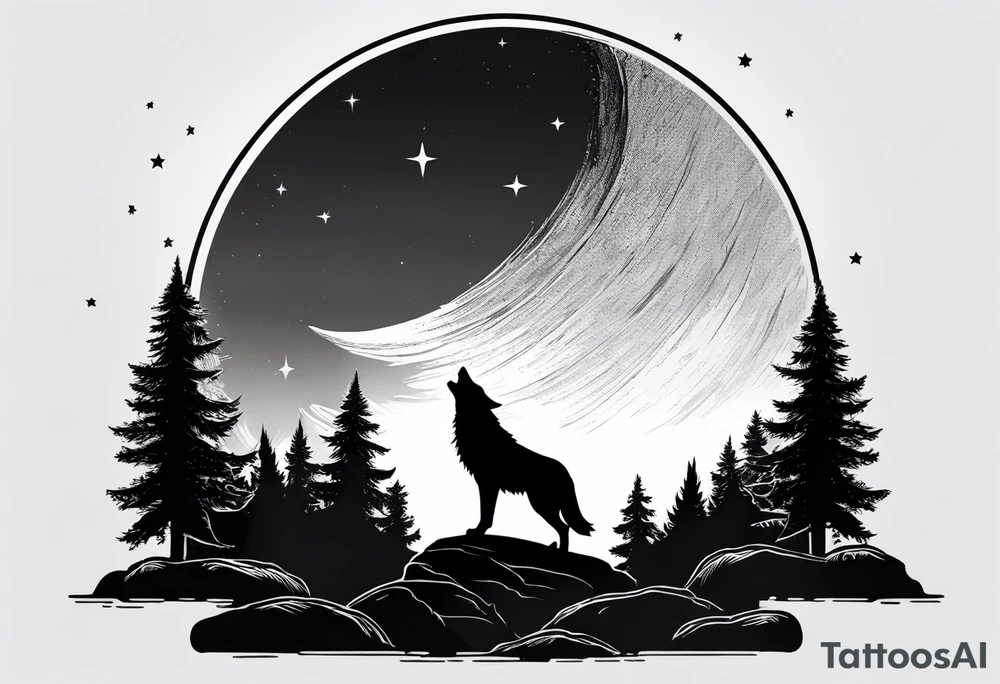 A wolf howling at the full moon on top of a rock surrounded by trees tattoo idea