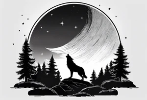 A wolf howling at the full moon on top of a rock surrounded by trees tattoo idea