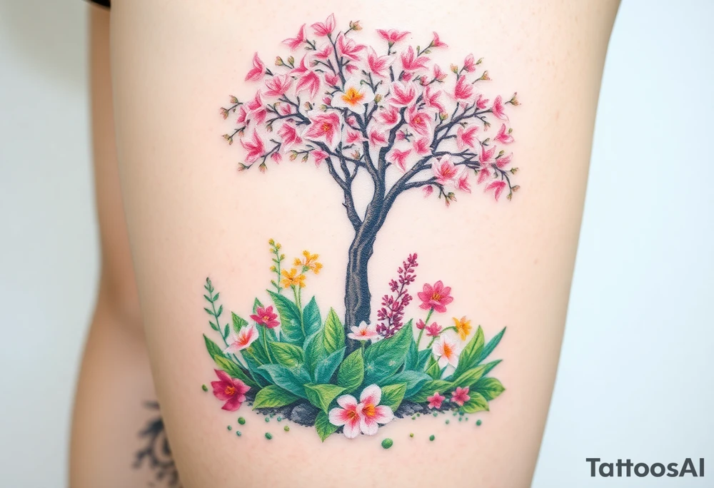 Lilly of the vally plants underneath a blooming hawthorn tree with other colorful lilly plants on ground tattoo idea