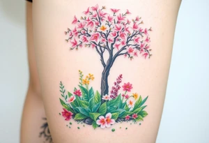 Lilly of the vally plants underneath a blooming hawthorn tree with other colorful lilly plants on ground tattoo idea