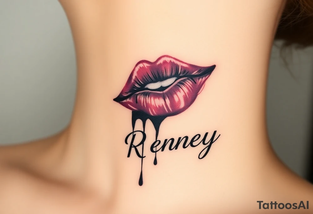 Seductive Stain from lipstick kiss with name Reney lowercase with drool black and white tattoo idea