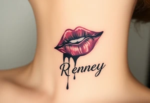 Seductive Stain from lipstick kiss with name Reney lowercase with drool black and white tattoo idea