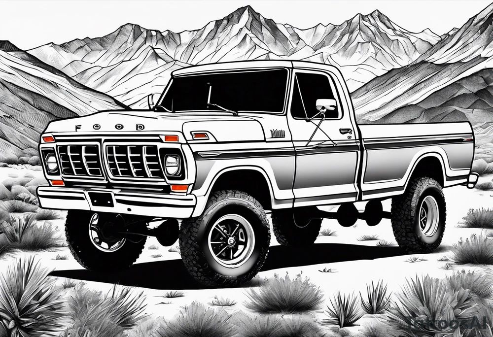 1974 ford f-100 in front of mountains tattoo idea