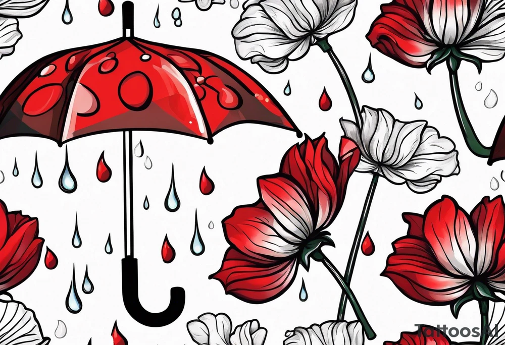 Upside down Umbrella with red geraniums with rain drops tattoo idea