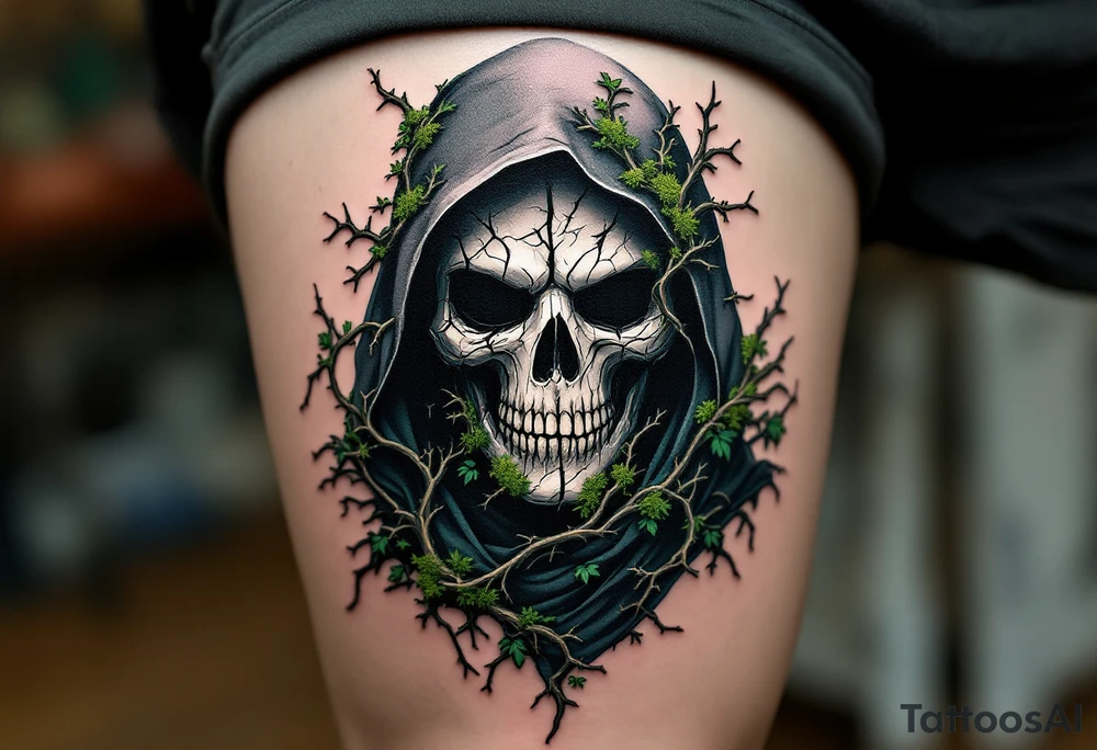 Plague Doctor with Thorned Vines – A mysterious figure cloaked in dark green and black, with thorny vines creeping over the robe and mask, symbolizing death and rebirth. The mask is cracked, with moss growing in its crevices. tattoo idea