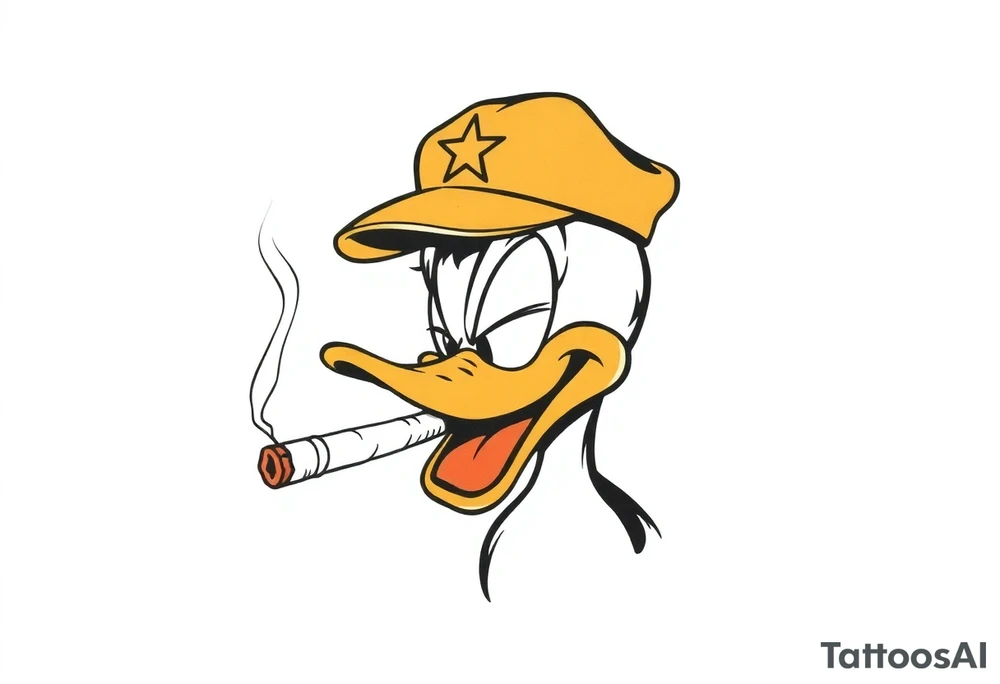 Daffy duck  smoking a rolled cigarette with a Vietnam veteran hat on and make his eyelids low and chill looking tattoo idea