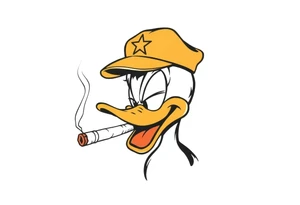 Daffy duck  smoking a rolled cigarette with a Vietnam veteran hat on and make his eyelids low and chill looking tattoo idea