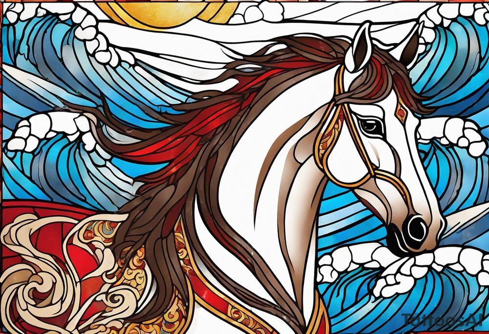 stained glass window with a red and brown horse's head rising from the blue ocean waves tattoo idea