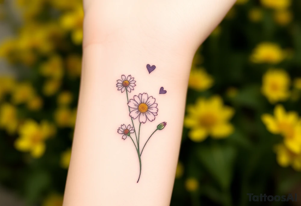 Yellow daisy Purple Hearts in heaven tattoo idea