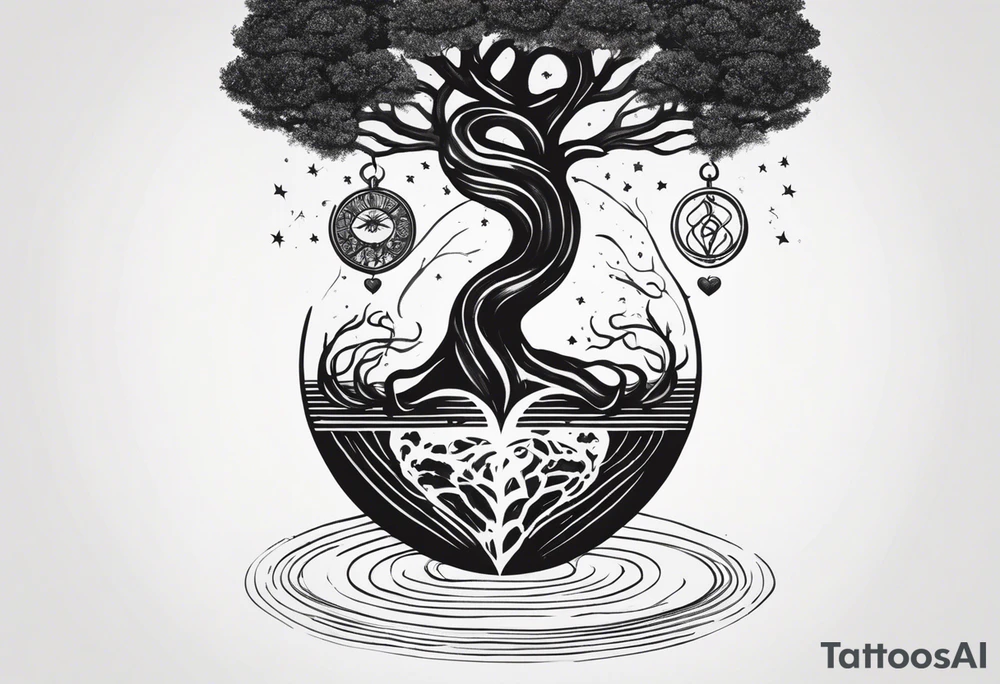 Micro realism tattoo design featuring the helix merging into the tree of life. With my zodiac sign libra holding the brain and heart on each side of the scale with the heart out weighing the brain tattoo idea