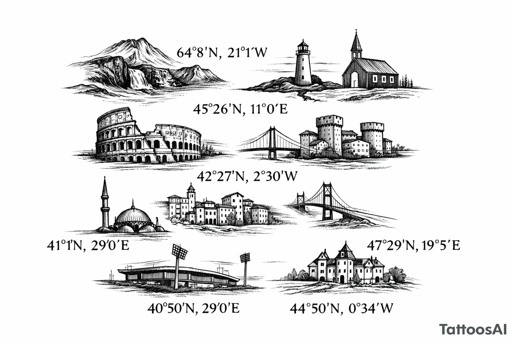 Iceland x3 (sindri, ibv, stjarnan)
Italy x2 (Verona, Sassuolo)
Spain (Logrono) 
Turkey x2 (Fenerbahce, Besiktas)
Hungary (Fradi)
France (Bordeaux) Something small that contains these countries or clubs no logos maybe coordinates tattoo idea