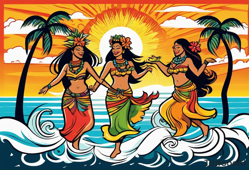 dancing tiki gods with sexy hula women having a dance part on the beach with a sunset in the center of the image tattoo idea