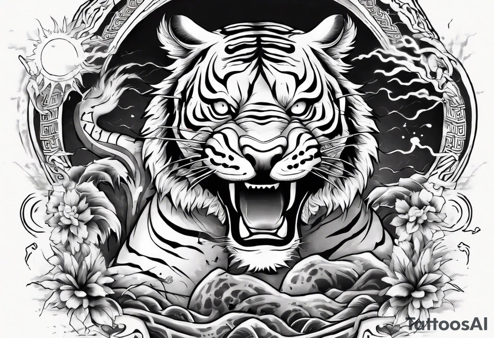 Ancient tiger with lightning and a sun for a forearm sleeve. With patterns surrounding it tattoo idea