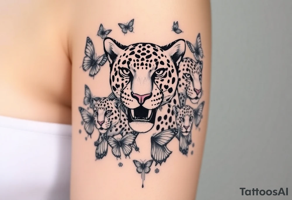 head of 3 jaguars (1 mother and 2 cubs) surrounded by butterflies and hummingbirds in new old school style tattoo idea