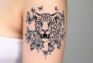 head of 3 jaguars (1 mother and 2 cubs) surrounded by butterflies and hummingbirds in new old school style tattoo idea