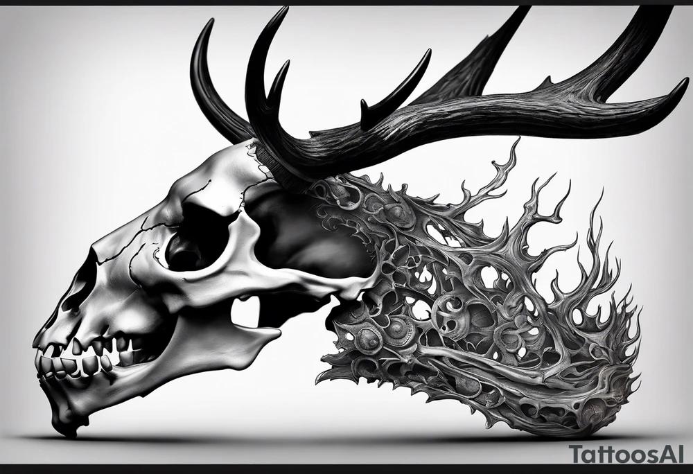 A side view of a decayed deer skull with no skin JUST BONE surrounded by fire tattoo idea