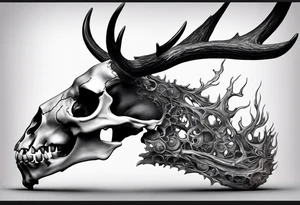 A side view of a decayed deer skull with no skin JUST BONE surrounded by fire tattoo idea