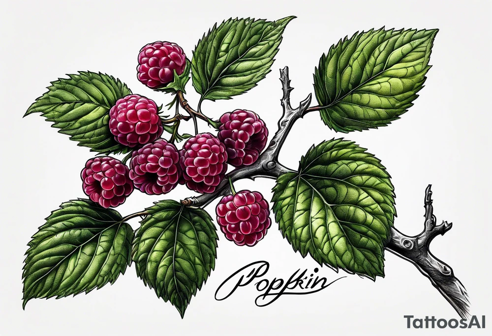 a long raspberry branch that focuses on line work. Includes a small signature in the branches that says "Popkin" tattoo idea